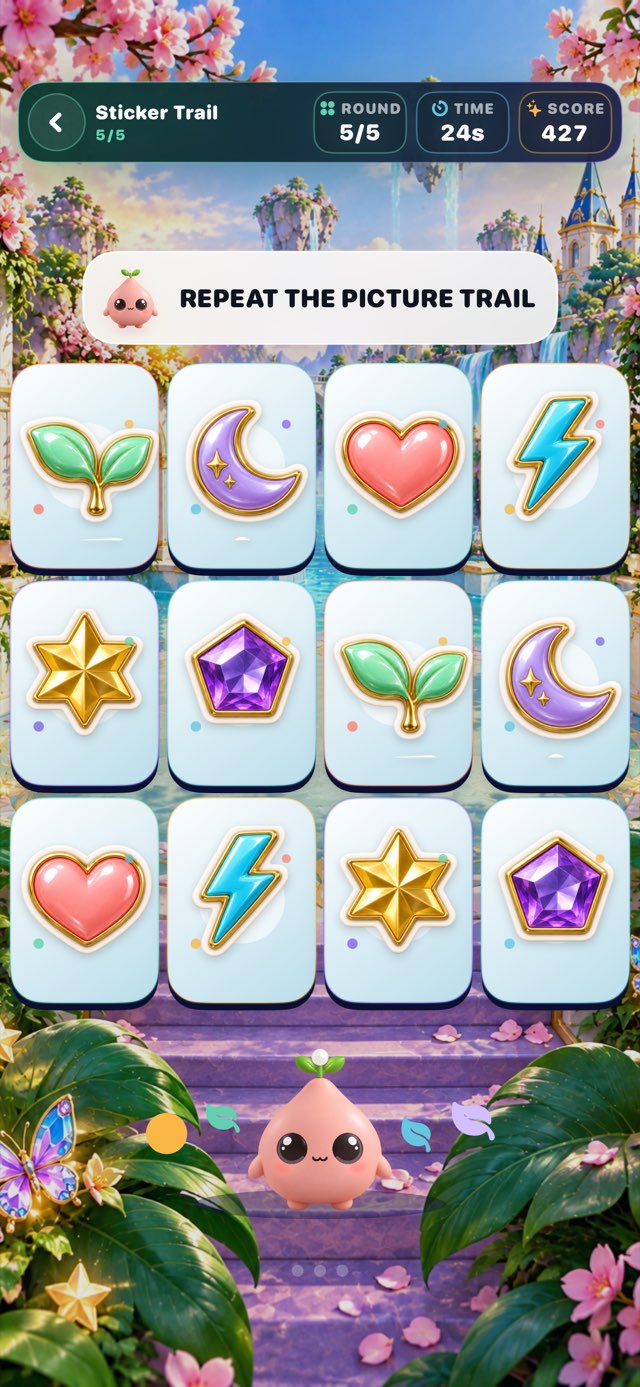 Sticker Trail memory round with a grid of glowing stickers.